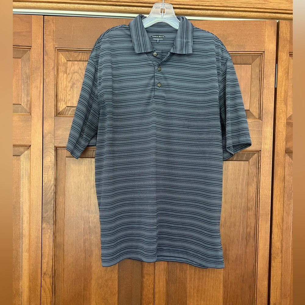 Pebble Beach Men's Polo Shirt - Navy and Gray Stripes